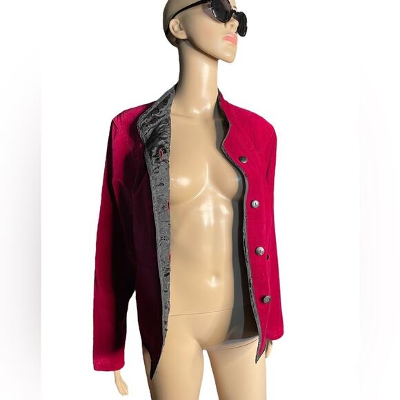Tibetan Trader Blazer Small Velvet Embroidered Cotton Mock Neck Jacket Burgundy - Picture 2 of 15